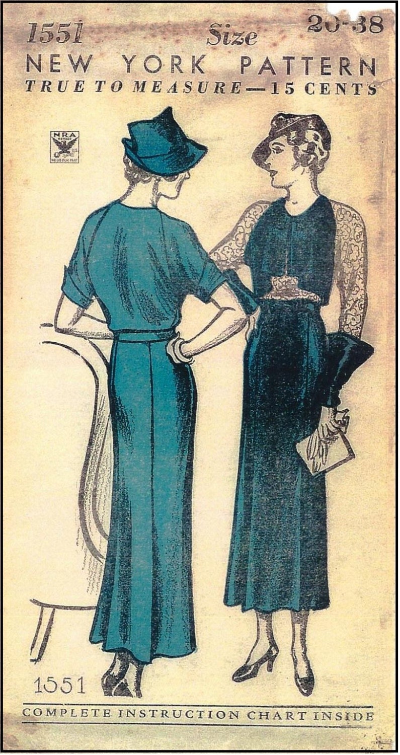 1930s Ladies Dress With Bolero Front - INSTANT DOWNLOAD - Reproduction 1935 Sewing Pattern #T1551 - 38 Inch Bust - PDF - Print At Home