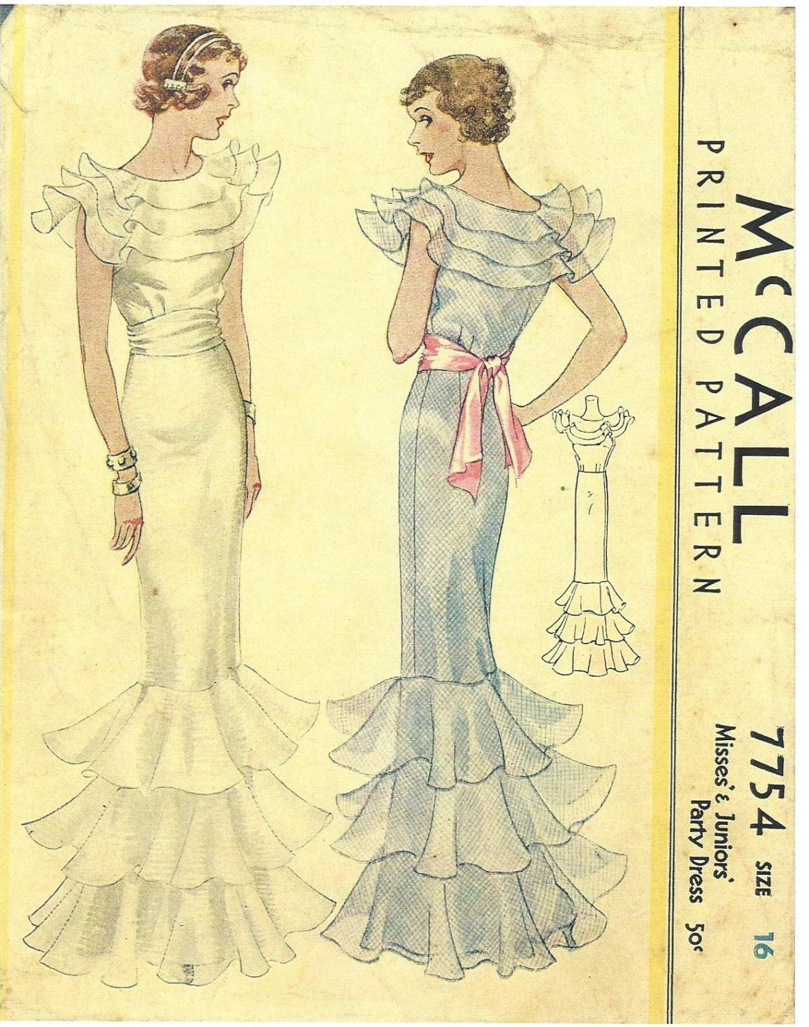 1930s Ladies Evening Gown With Sash - Reproduction 1934 Sewing Pattern #T7754 - 34 Inch Bust