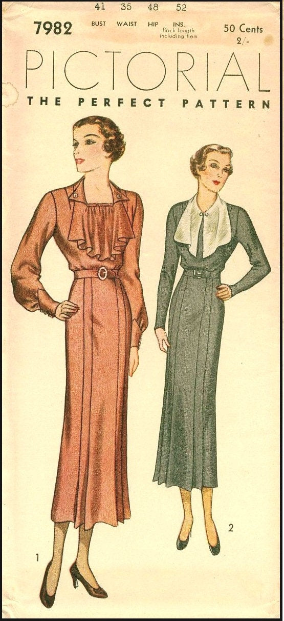 1930s Ladies Dress With Jabot - Reproduction 1934 Sewing Pattern #T7982 - 41 Inch Bust