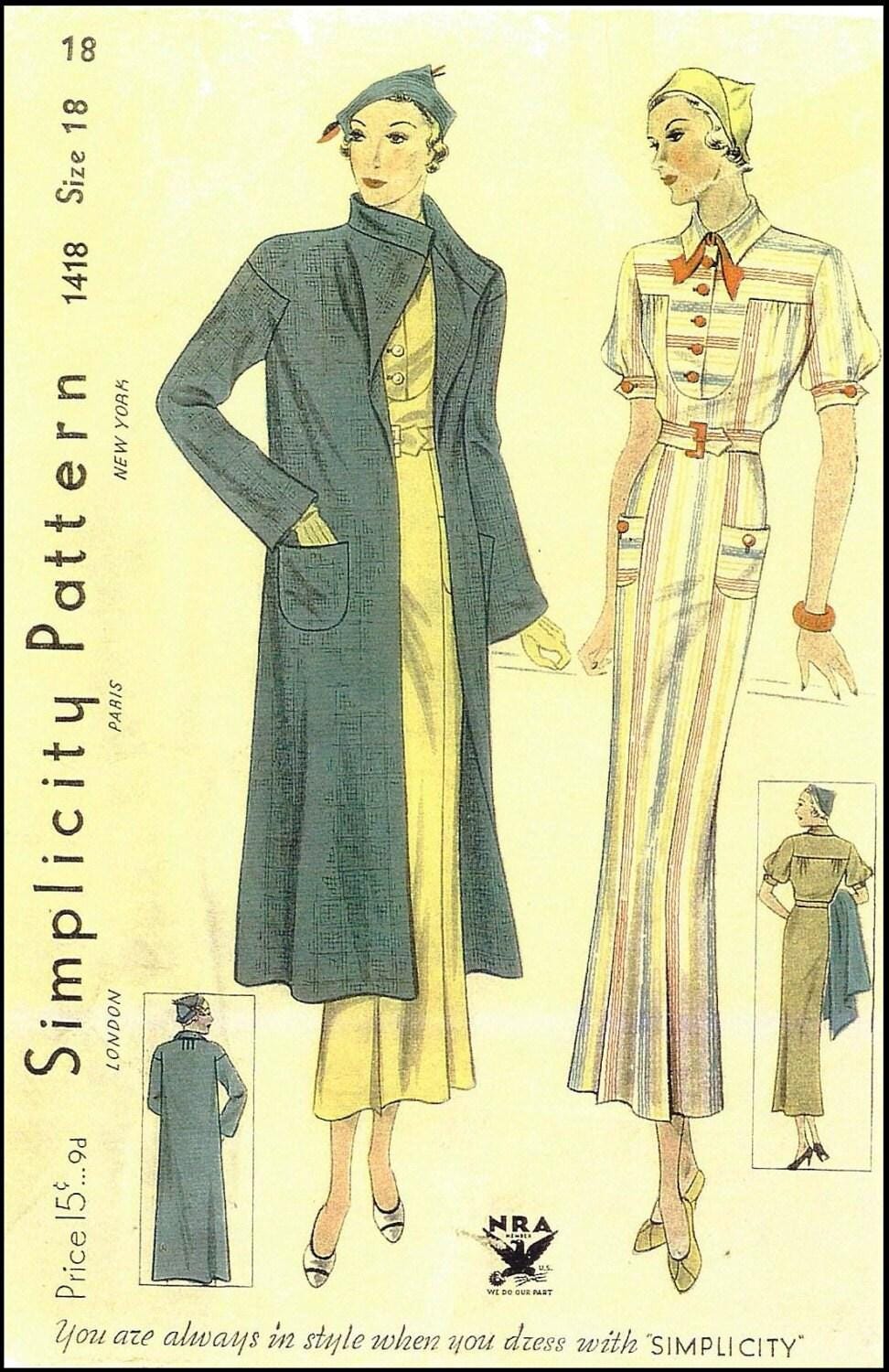 1930s Ladies Dress With Coat - Reproduction 1934 Sewing Pattern #T1418 - 36 Inch Bust