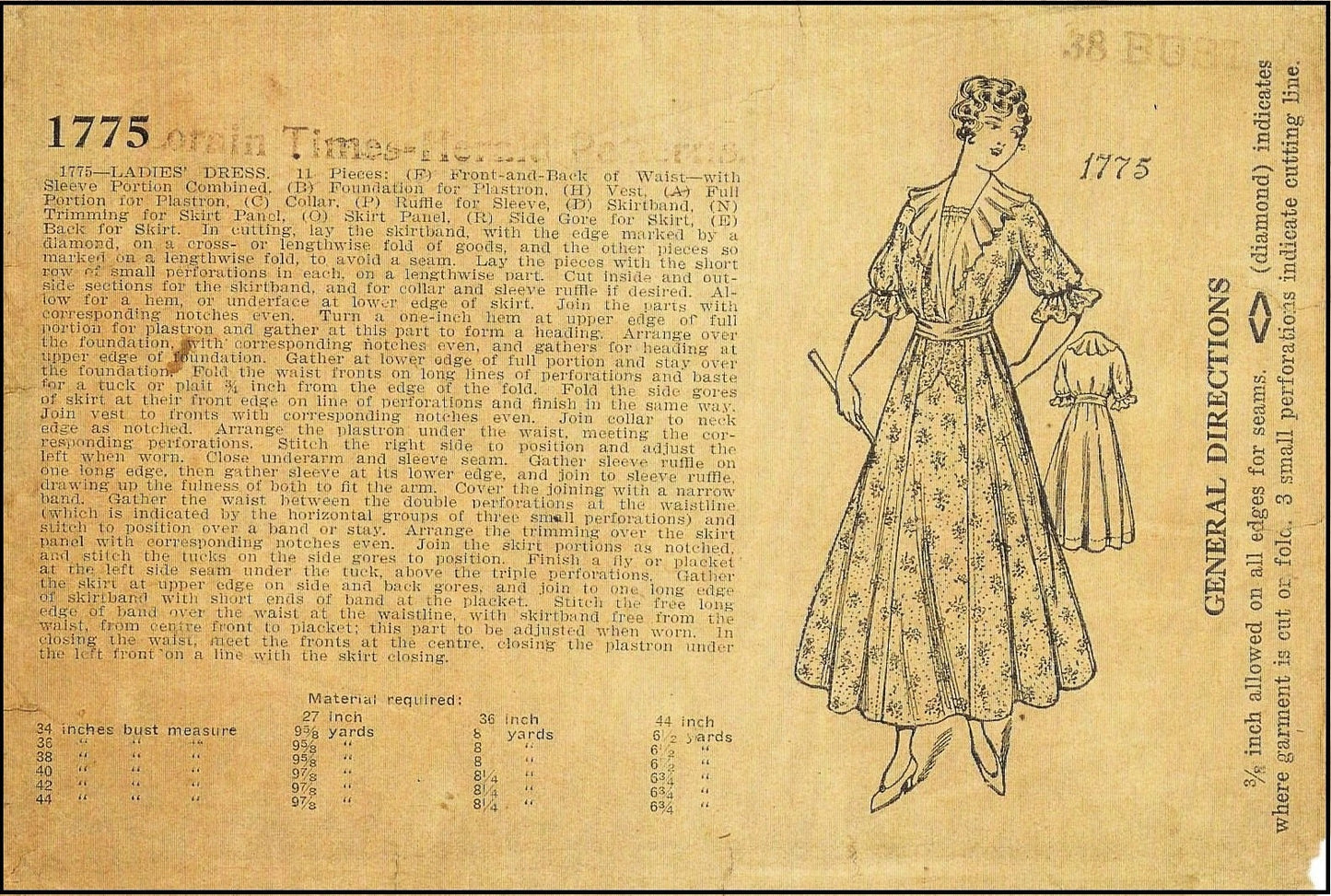 1910s Ladies Dress With Ruffled Lapels - 1915 Reproduction Sewing Pattern #E1775 - 38 Inch Bust