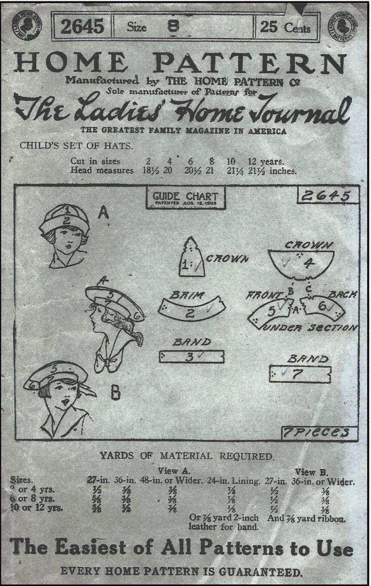 1913 Child/Youth Hats - Reproduction Sewing Pattern #H2645