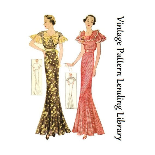 1930s Ladies Evening Gown With Two Neckline Options - Reproduction 1934 Sewing Pattern #T1495 - 36 Inch Bust