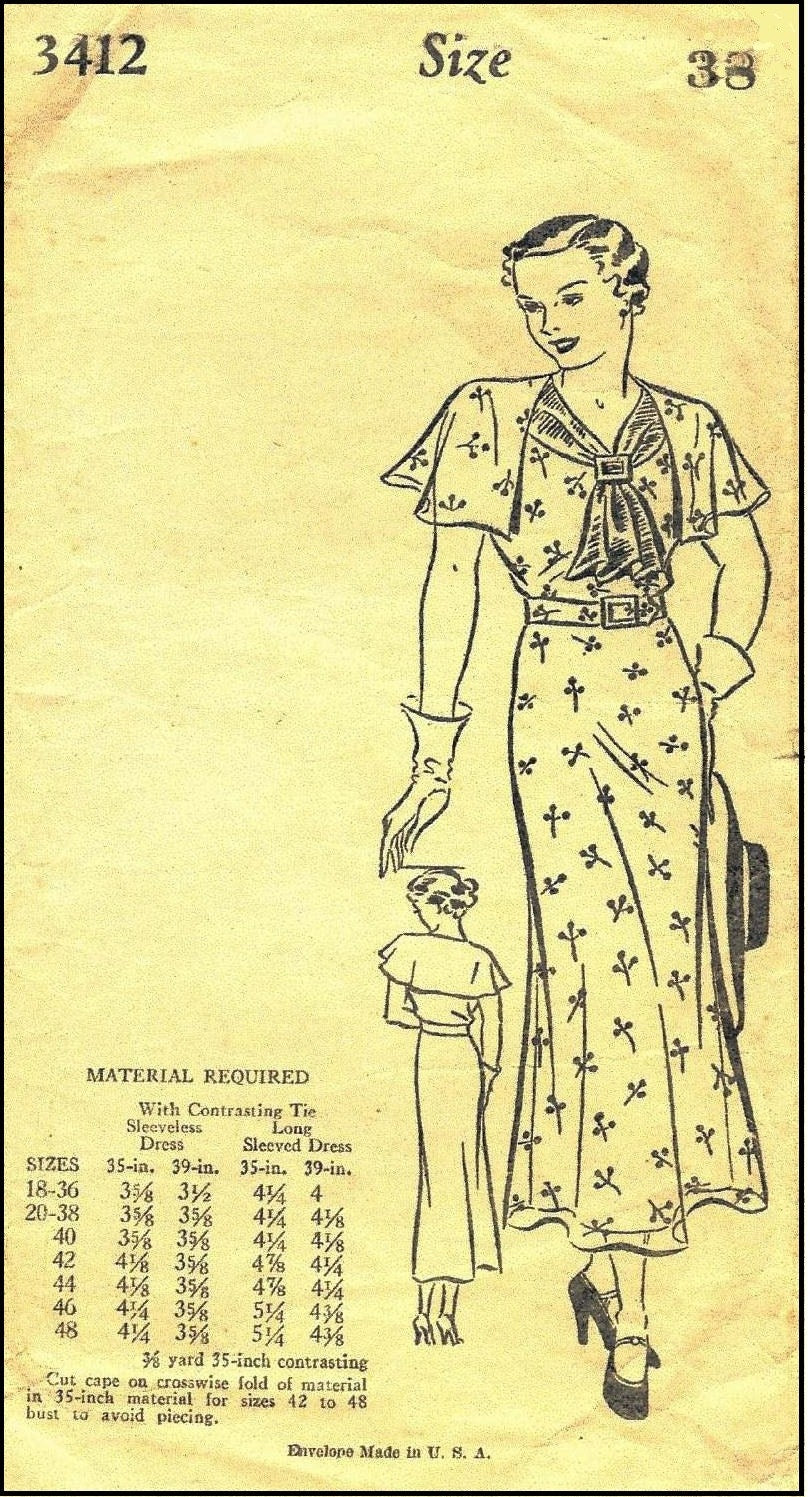 1930s Ladies Capelet Dress With Front Scarf Tie - Reproduction Sewing Pattern #T3412 - 38 Inch Bust