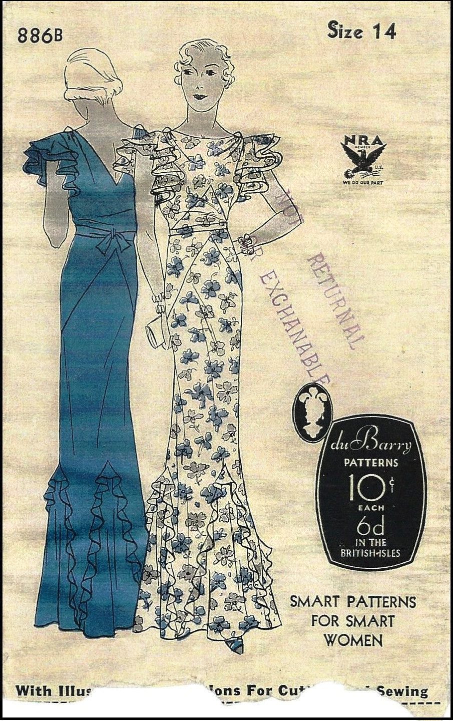 1930s Ladies Evening Gown With Ruffled Godets - Reproduction 1934 Sewing Pattern #T0886 - 32 Inch Bust