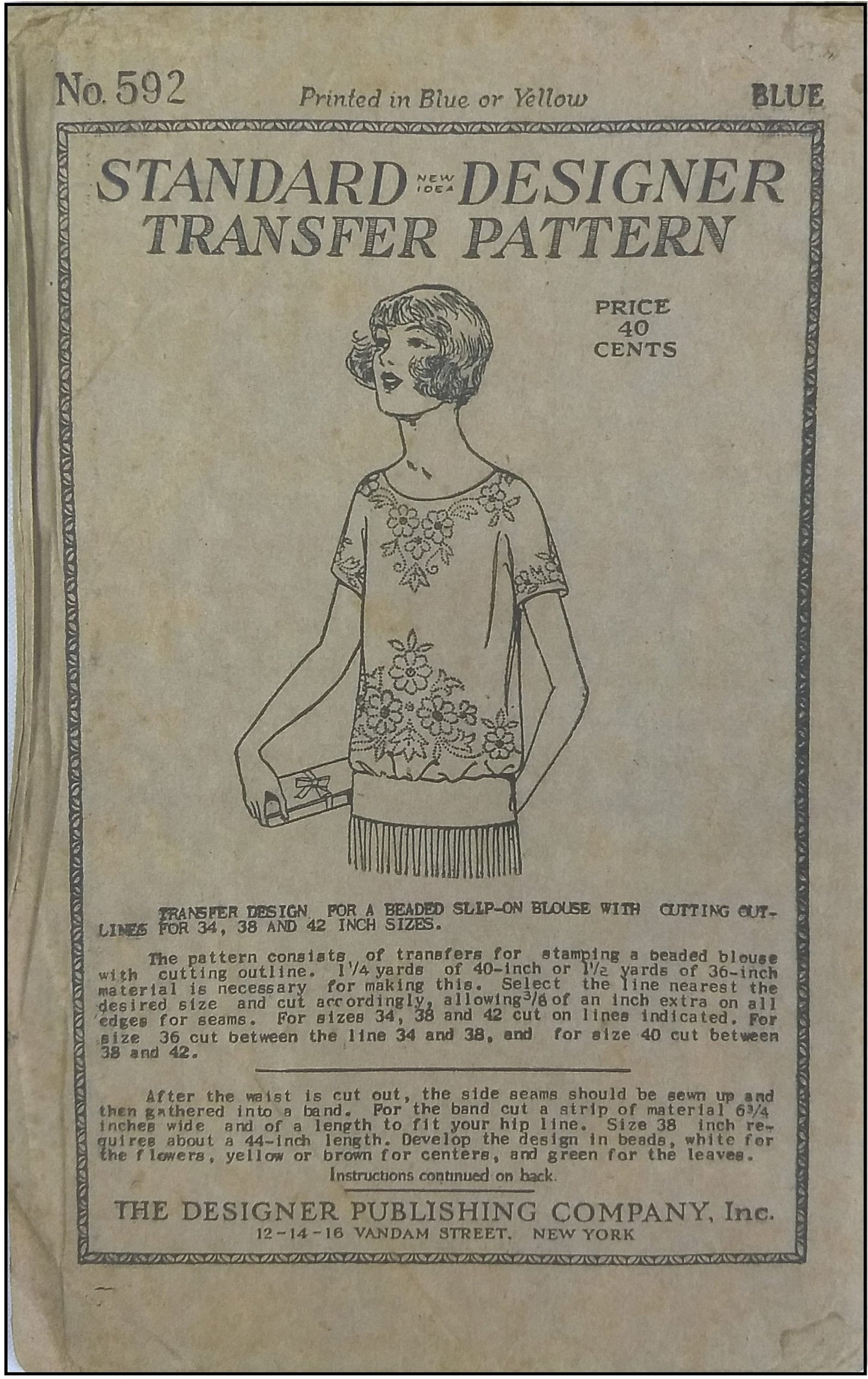 1920s Ladies Beaded Blouse with Floral Motif - INSTANT DOWNLOAD - Reproduction Pattern #N0592 - Multi-sized 34" to 42" Bust - Print At Home