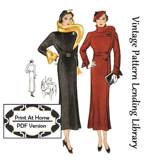 1930s Ladies Coat With Stand Up Collar - INSTANT DOWNLOAD - Reproduction 1934 Sewing Pattern #T1541 - 34 Inch Bust - PDF - Print At Home