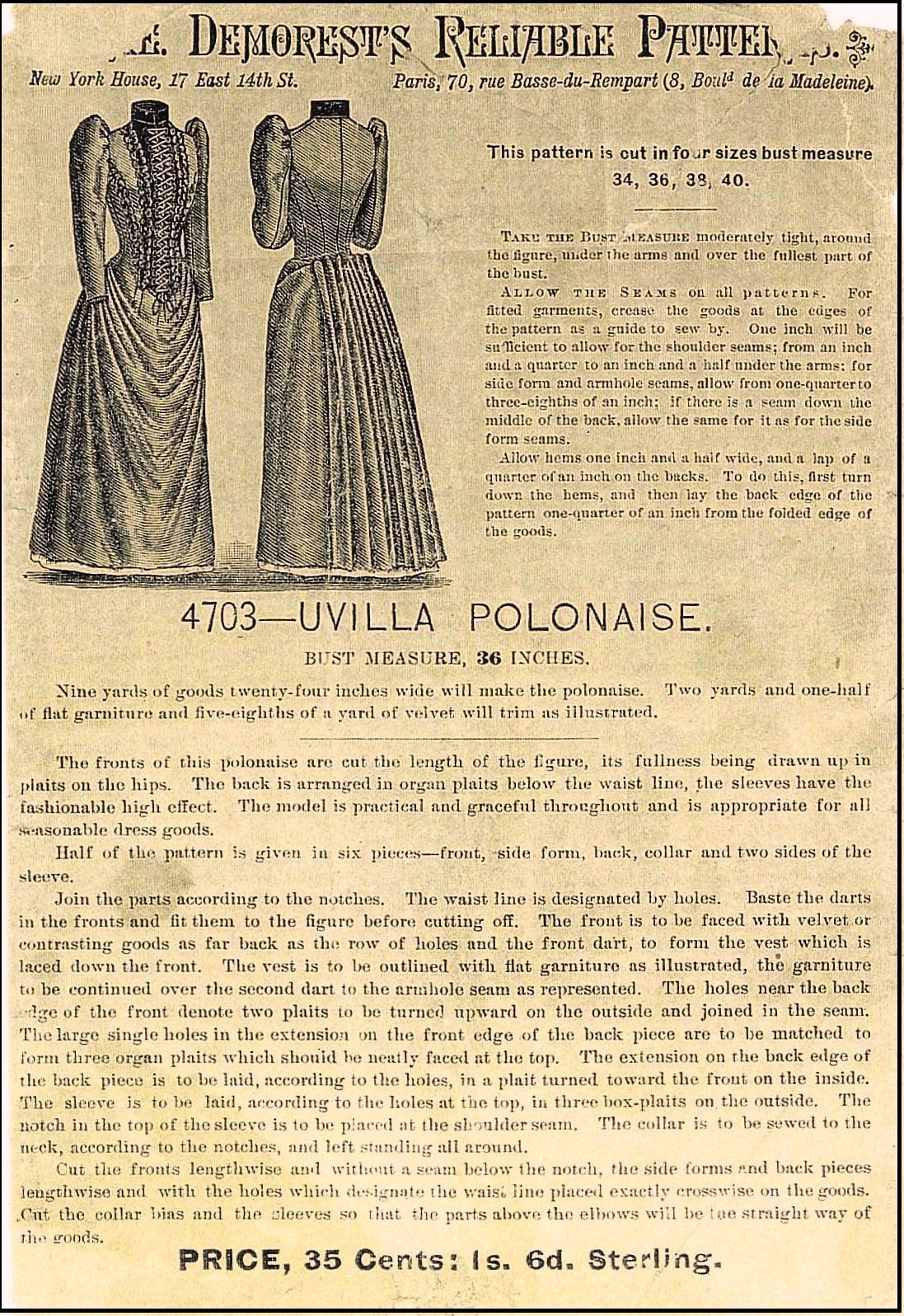 1890s Polonaise Dress With Back Pleating - Madame Demorest - Victorian Era - Reproduction (ca. 1890) Sewing Pattern #E4703 - 36 Inch Bust