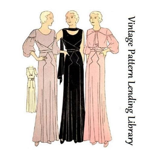 1930s Ladies Evening Gown In Two Styles With Jacket- Reproduction 1932 Sewing Pattern #T1104 - 34 Inch Bust