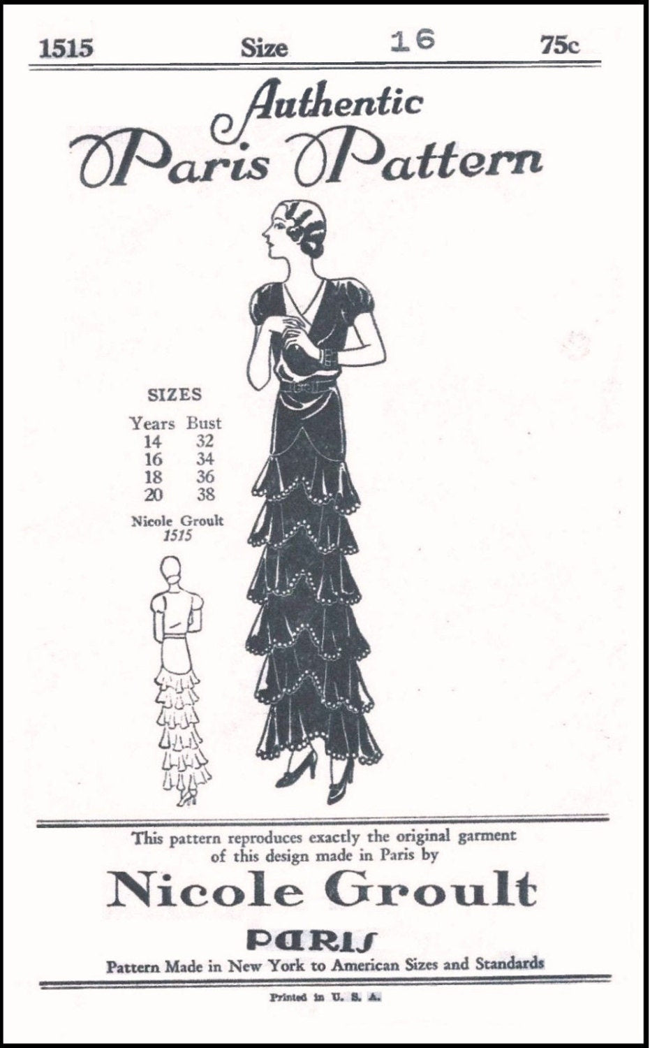 1930s Evening Gown by Nicole Groult - INSTANT DOWNLOAD - Reproduction 1931 Sewing Pattern #T1515 - 34 Inch Bust - PDF - Print At Home