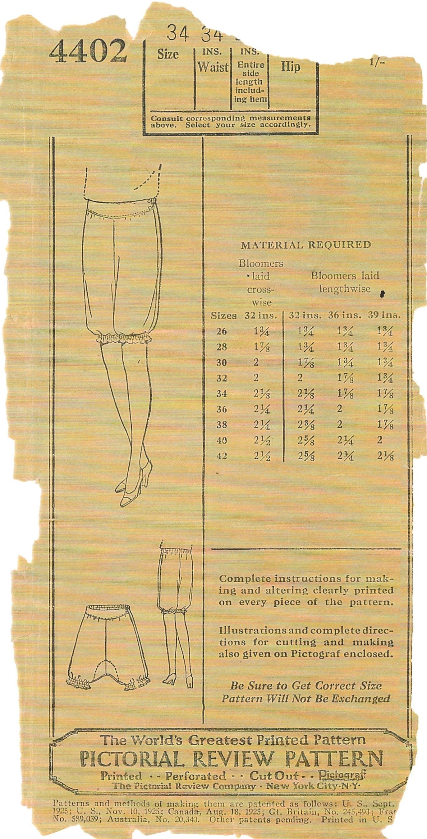 1920s Ladies Bloomers - Reproduction 1928 Sewing Pattern #Z4402 - 34 Inch Waist