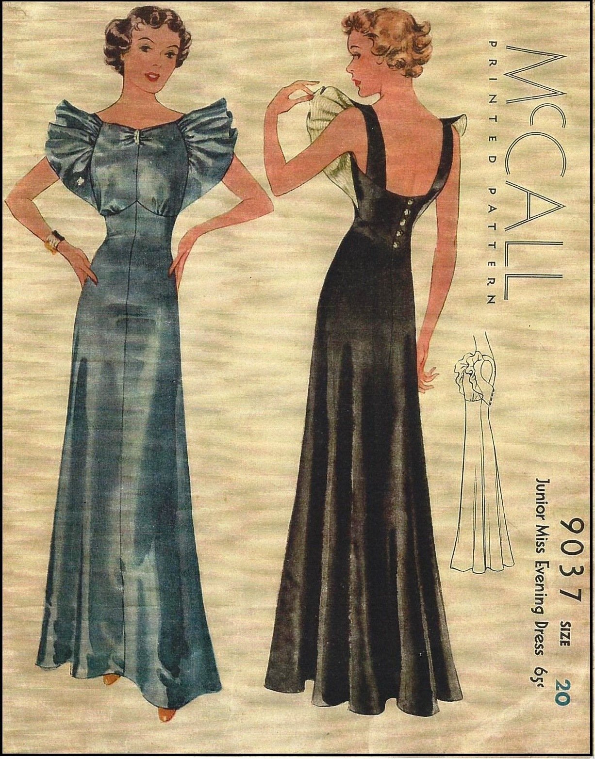 1930s Ladies Evening Gown With Wide Ruffled Trim - Reproduction 1936 Sewing Pattern #T9037 - 38 Inch Bust