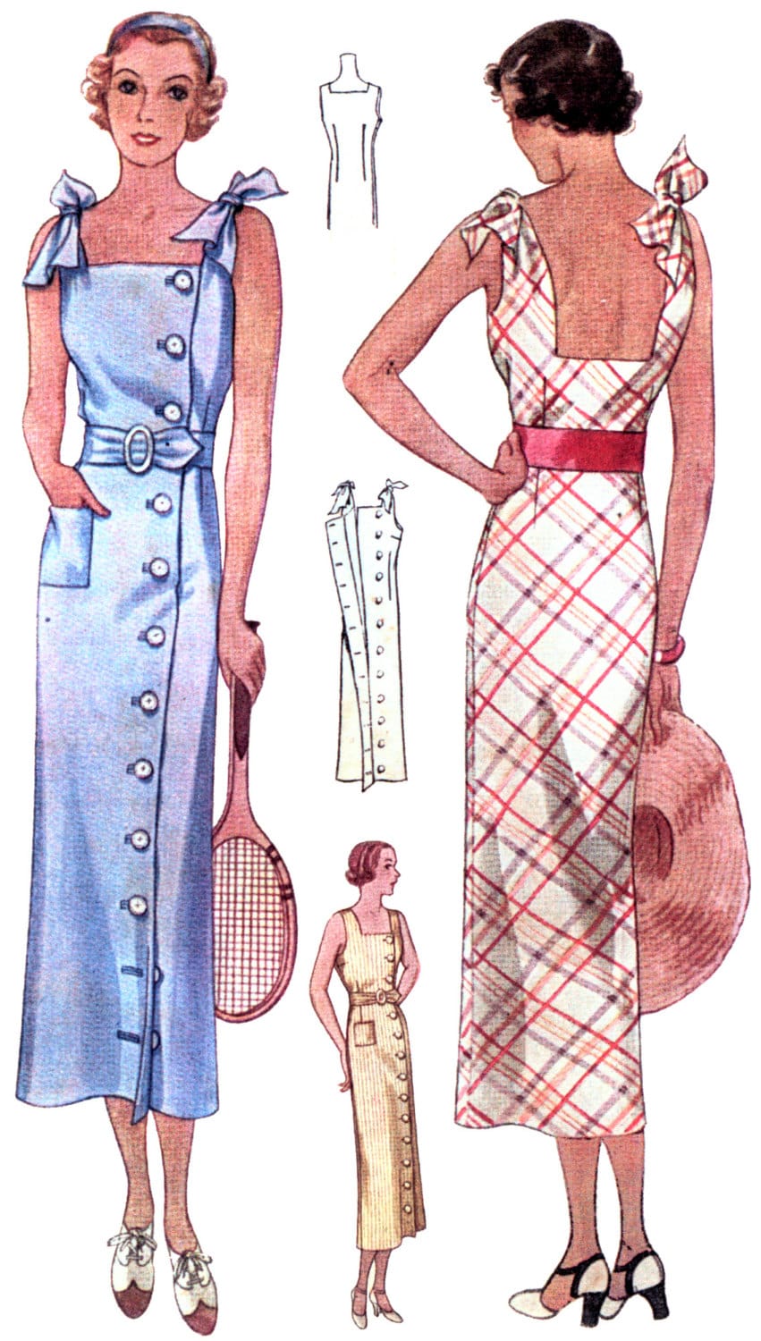 1930s Ladies Sun Dress With Shoulder Ties - Reproduction 1934 Sewing Pattern #T7746 - 34 Inch Bust