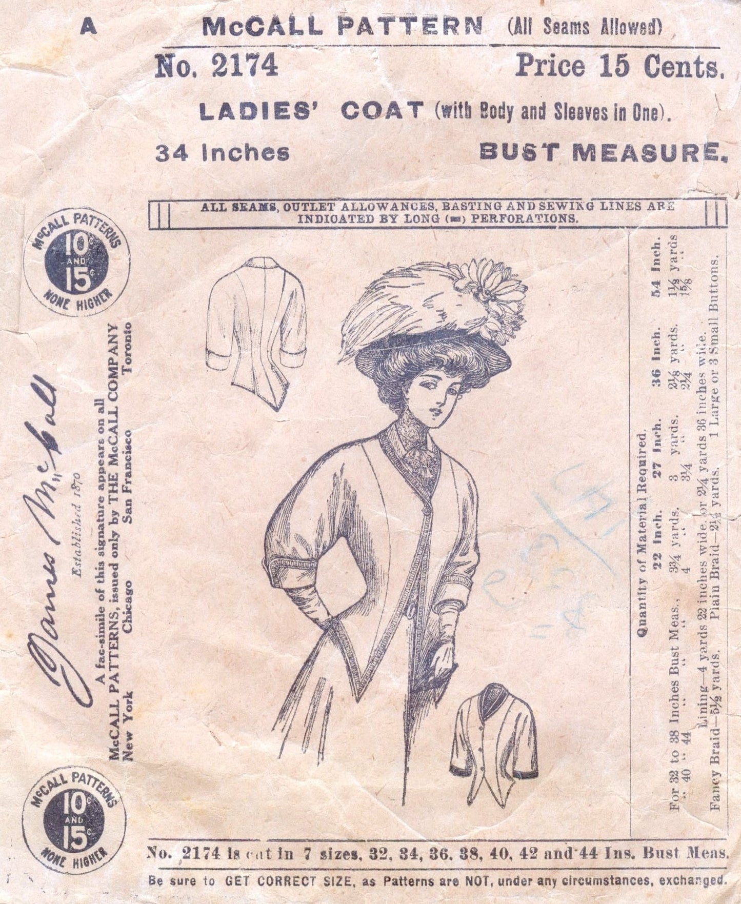 1900s Ladies Coat With Body And Sleeves In One - 1908 Reproduction Sewing Pattern #E2174 - Edwardian Fashion - 34 Inch Bust