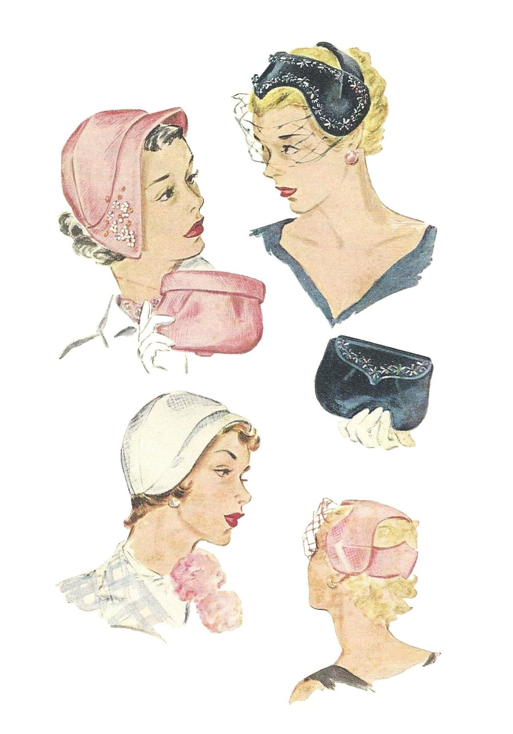 1950s Ladies Hats & Evening Bag - Reproduction 1952 Sewing Pattern #H1690