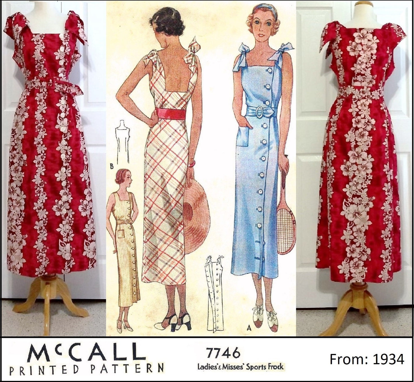 1930s Ladies Sun Dress With Shoulder Ties - Reproduction 1934 Sewing Pattern #T7746 - 34 Inch Bust