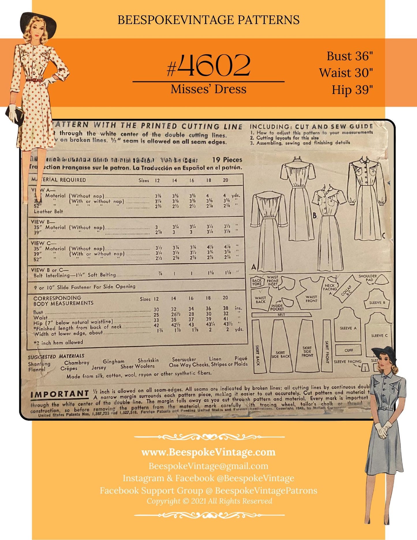 1940s WWII Dress with Breast Pockets - Bust 36" Reproduction Vintage Pattern #4602-36 - PDF - Print At Home