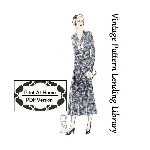 1930s Ladies Dress With Jabot & Deep V-Yoke - INSTANT DOWNLOAD - Reproduction 1936 Sewing Pattern #T0628 - 42 Inch Bust- PDF - Print At Home