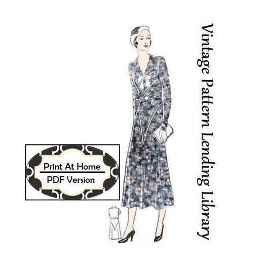 1930s Ladies Dress With Jabot & Deep V-Yoke - INSTANT DOWNLOAD - Reproduction 1936 Sewing Pattern #T0628 - 42 Inch Bust- PDF - Print At Home