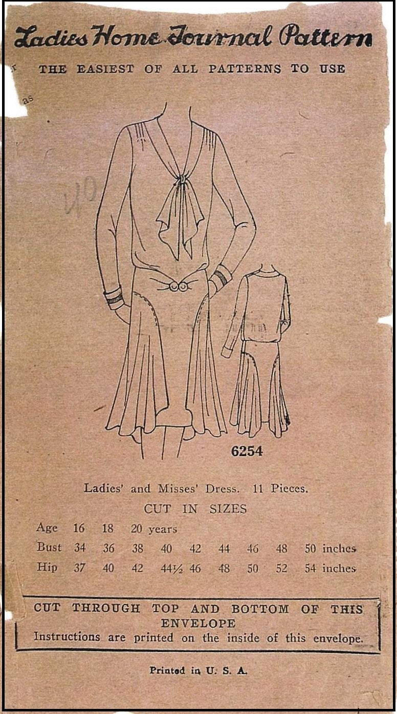 1920s Ladies Dress With Side Drapes - INSTANT DOWNLOAD - Reproduction 1929 Sewing Pattern #Z6254 - 40 Inch Bust - PDF - Print At Home