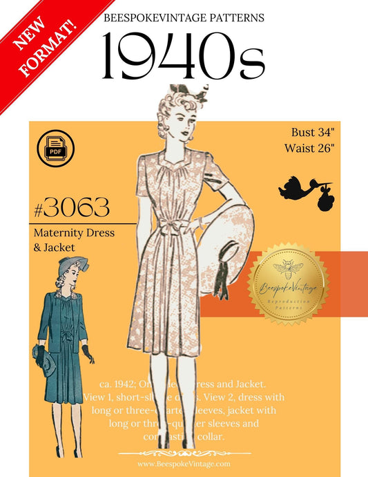 1940s Maternity Dress and Jacket - Bust 34" WWII 1942  Reproduction Vintage Pattern #3063-34 - PDF - Print At Home