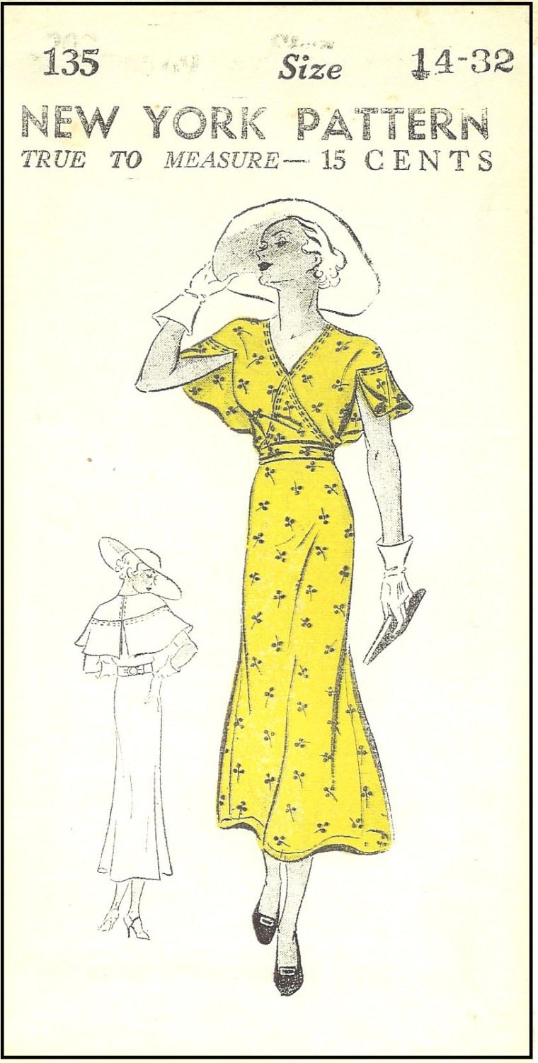 1930s Ladies Day Dress With Cape Sleeves - INSTANT DOWNLOAD - Reproduction 1935 Sewing Pattern #T0135 - PDF - Print At Home