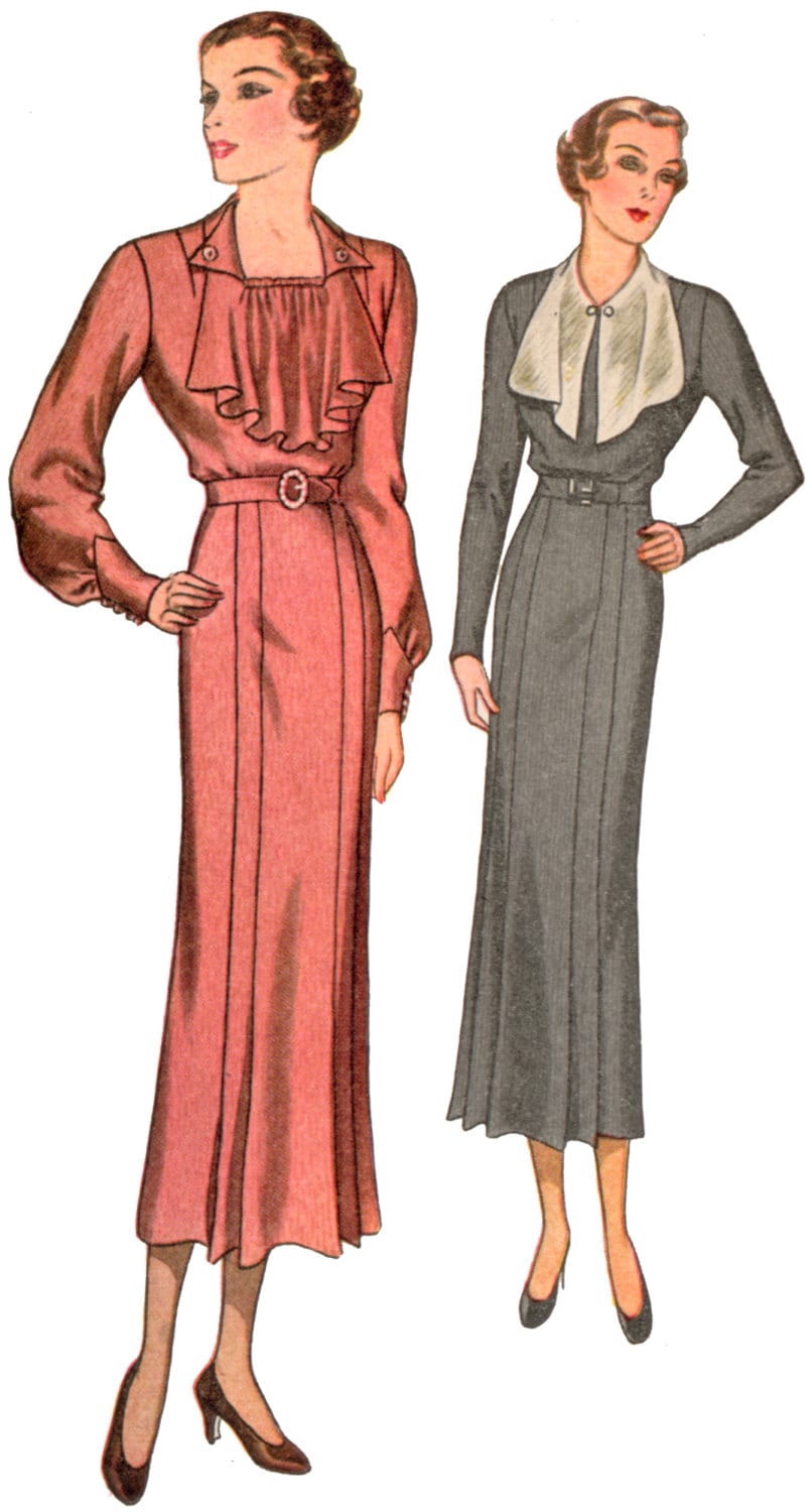 1930s Ladies Dress With Jabot - Reproduction 1934 Sewing Pattern #T7982 - 41 Inch Bust