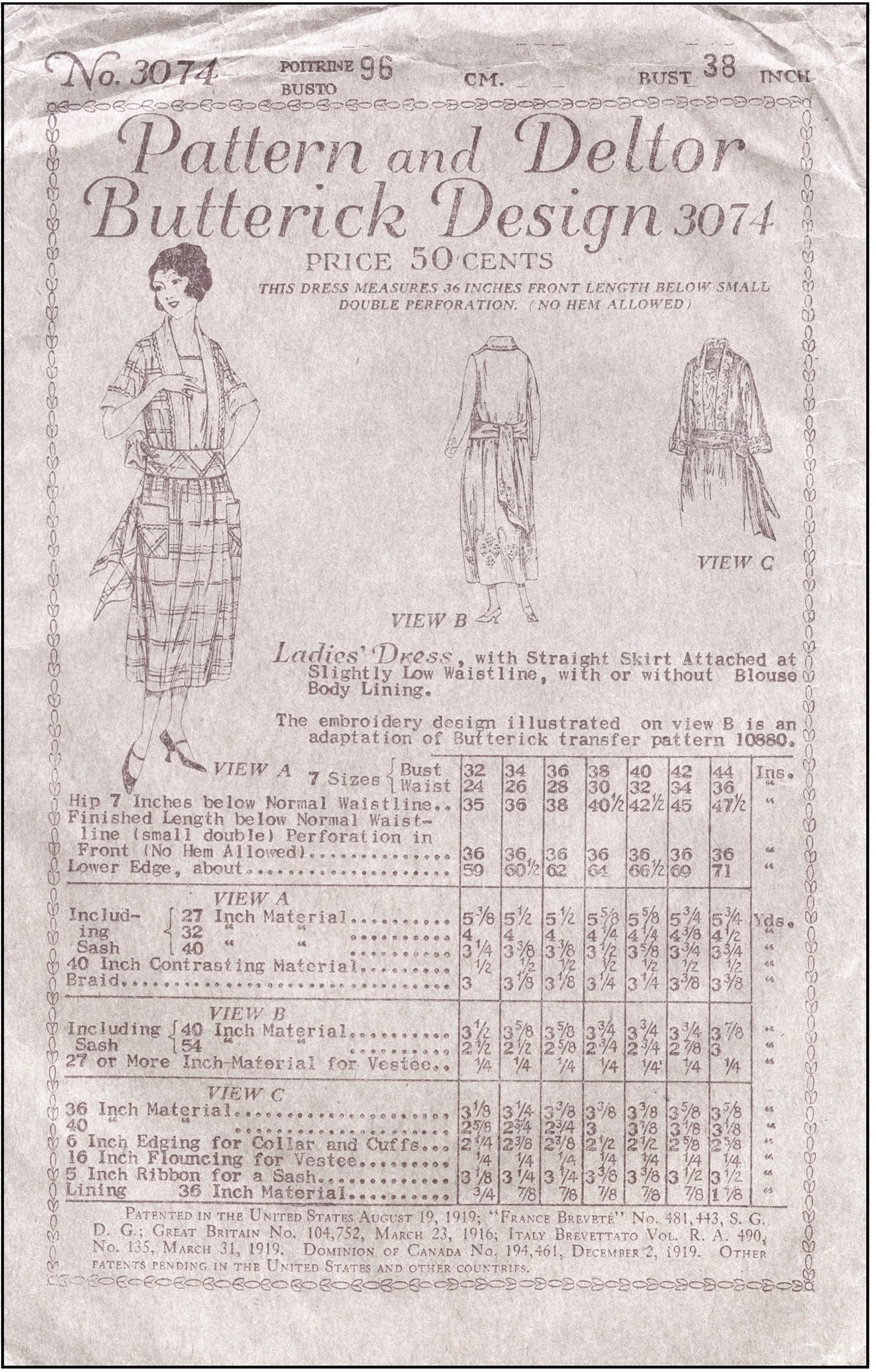 1920s Ladies Seaside Dress With Sash - Reproduction 1921 Sewing Pattern #Z3074 - 38 Inch Bust