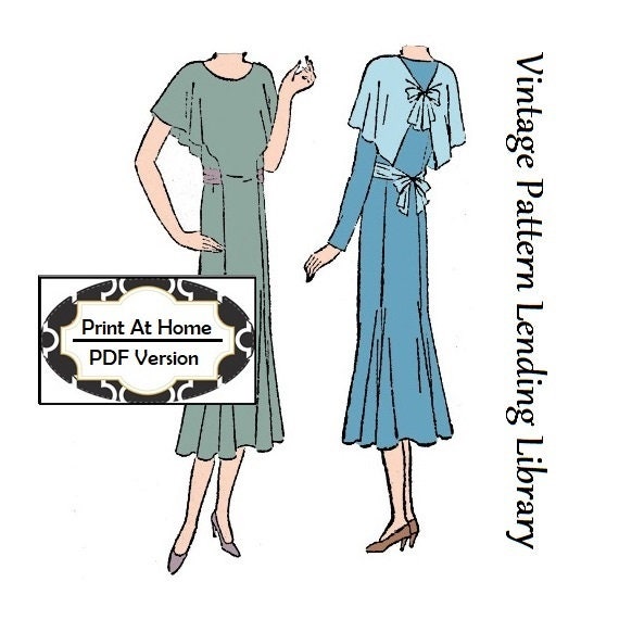 1930 Ladies Day Dress With Capelet Back - INSTANT DOWNLOAD - Reproduction Sewing Pattern #T5226 - PDF - Print At Home