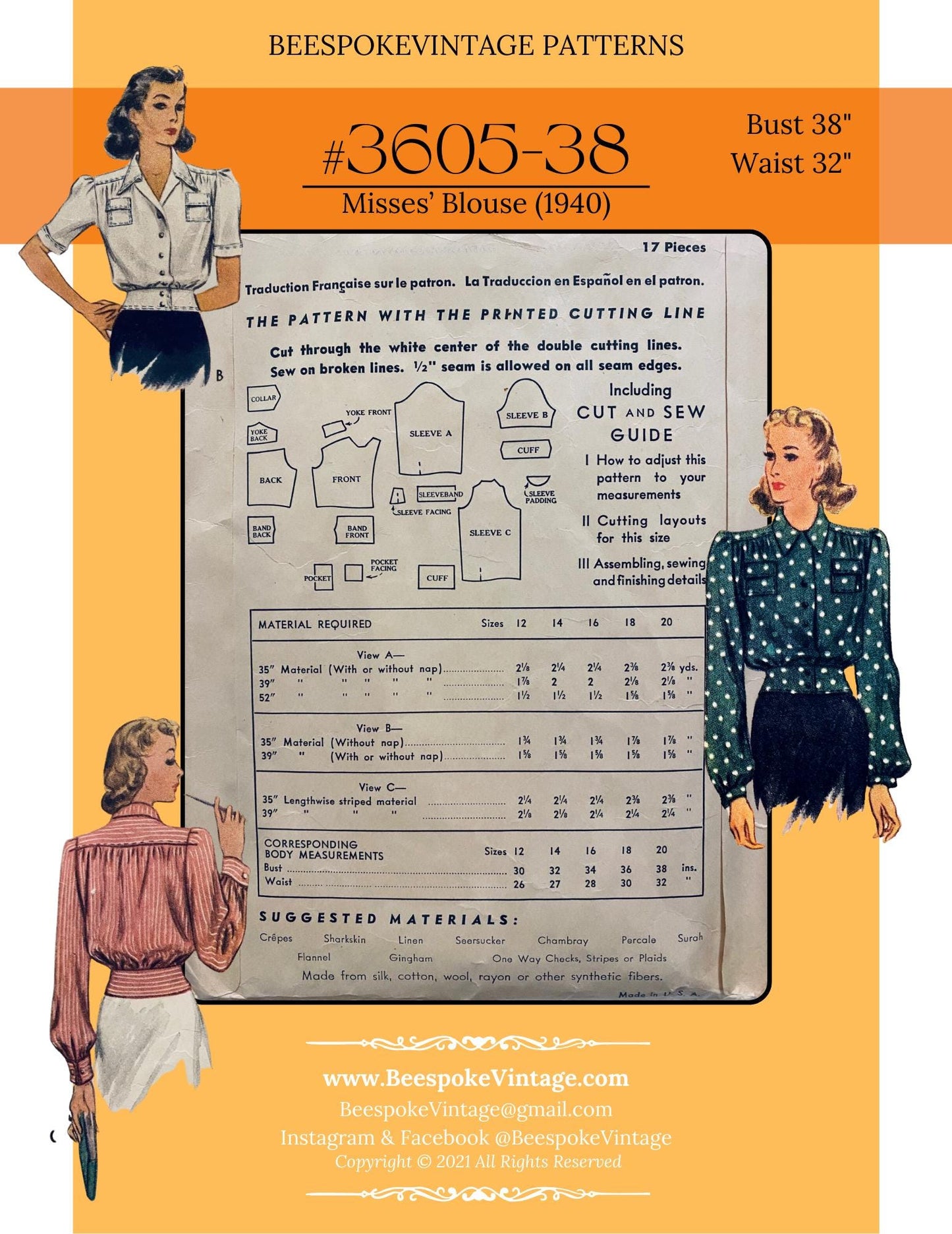 1940s Misses' Blouse - Bust 38" - Reproduction Vintage Pattern #3605-38 - PDF - Print At Home