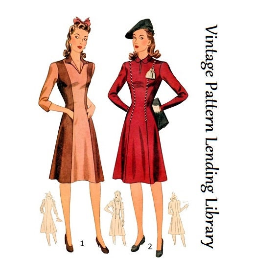 1940s Ladies Day Dress With Raised Waistline and Pockets - Reproduction 1942 Sewing Pattern #F4400 - 33 Inch Bust