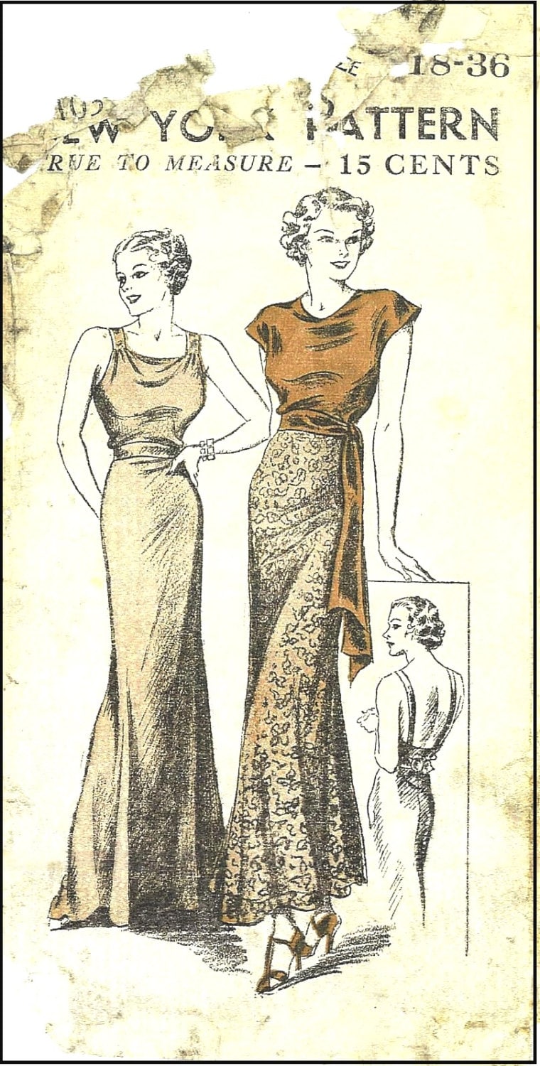 1930s Ladies Evening Gown With Optional Blouse/Jacket - Reproduction 1934 Sewing Pattern #T0103 - 36 Inch Bust