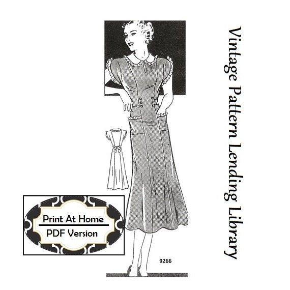 1930s Ladies Lace Trimmed Dress With Sash - INSTANT DOWNLOAD - 1938 Reproduction Sewing Pattern #T9266 - 40 Inch Bust - PDF - Print At Home