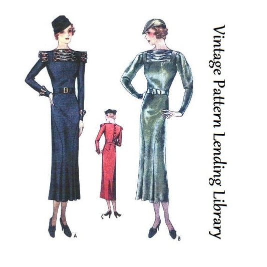 1930s Ladies Dress With Pleated Neckline & Sleeves - Reproduction 1933 Sewing Pattern #T7611 - 32 Inch Bust