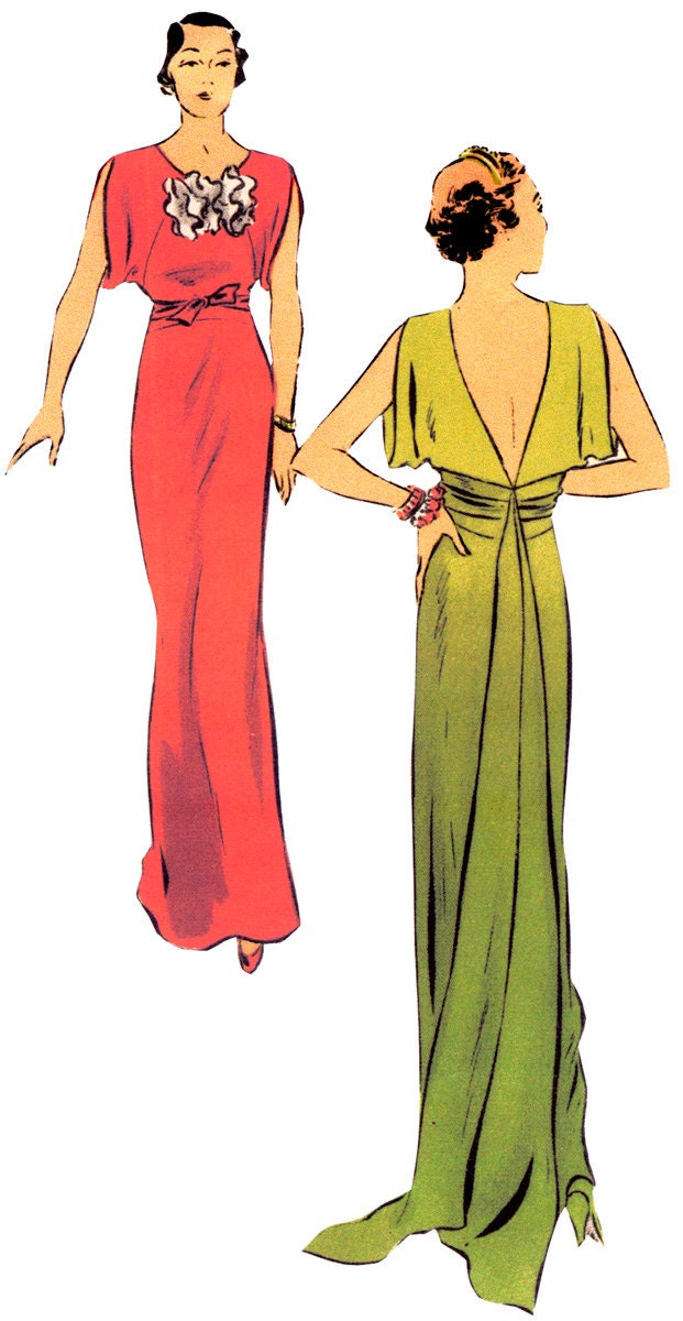 1930s Ladies Evening Gown With Train - Reproduction 1934 Sewing Pattern #T6573 - 34 Inch Bust