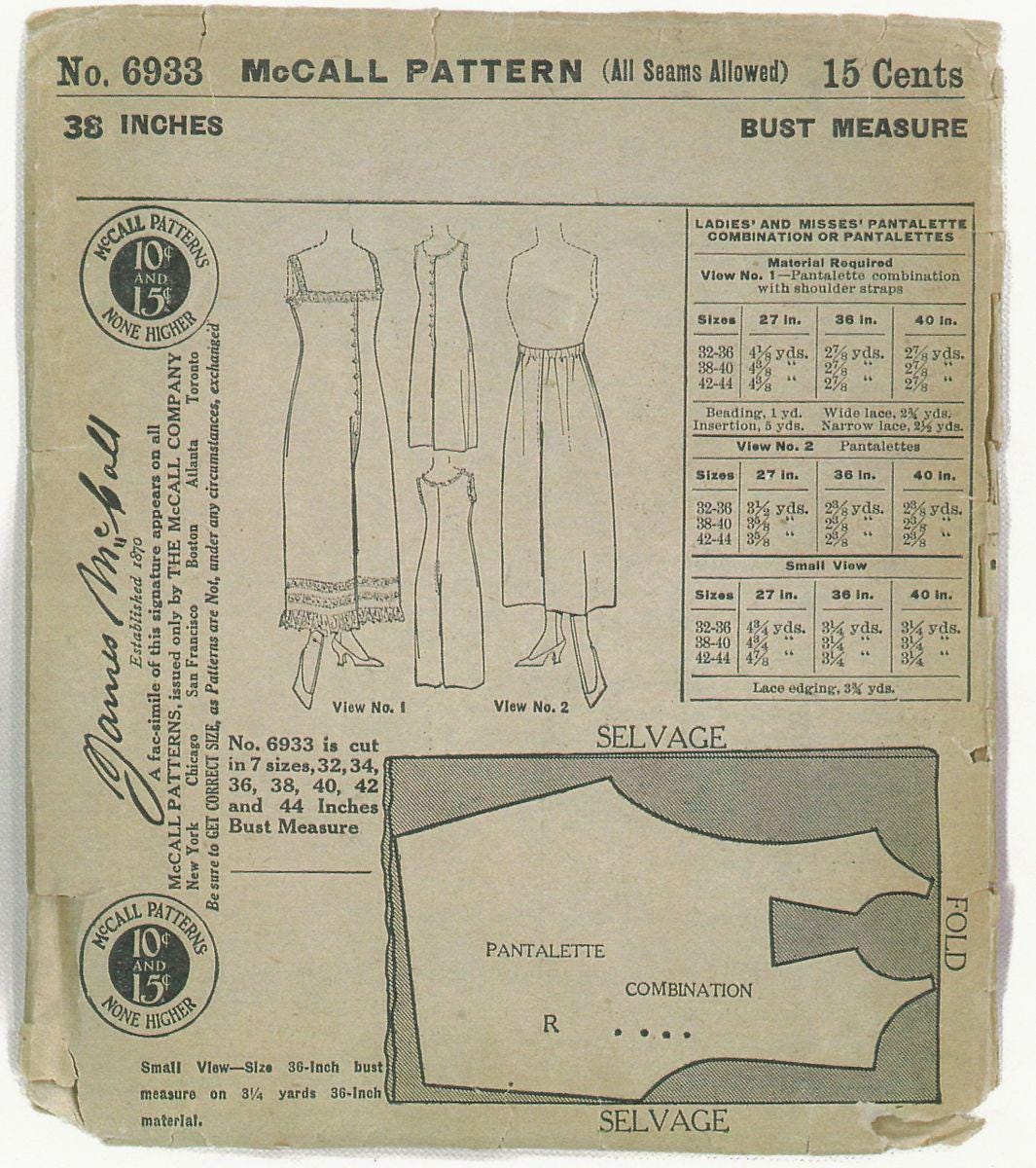 1915 Ladies Pantalettes or Combination Undergarment - Reproduction Sewing Pattern #E6933 - 38 Inch Bust