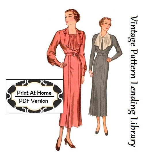 1930s Ladies Dress With Jabot - INSTANT DOWNLOAD - Reproduction 1934 Sewing Pattern #T7982 - 41 Inch Bust - PDF - Print At Home