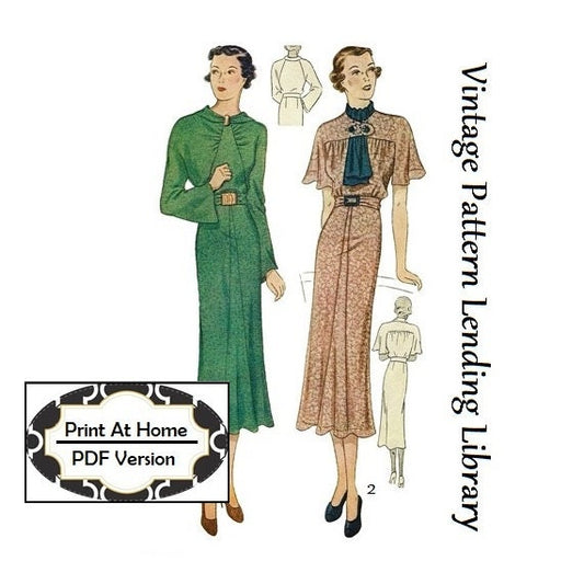 1930s Ladies Day Dress In Two Styles - INSTANT DOWNLOAD - Reproduction 1936 Sewing Pattern #T1990 - 36 Inch Bust - PDF - Print At Home