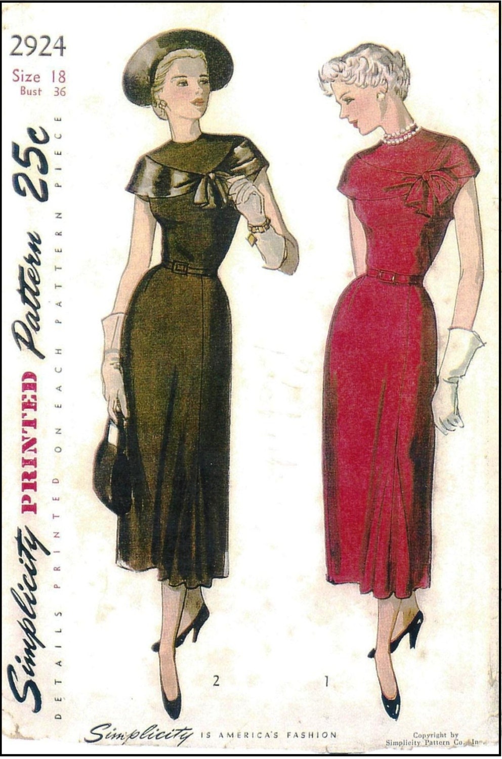 1940s Ladies Dress with Drape - INSTANT DOWNLOAD - Reproduction 1949 Sewing Pattern #F2924 - 36 Inch Bust - PDF - Print At Home