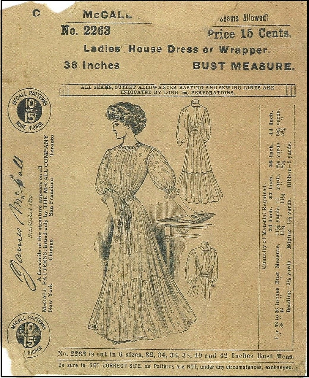 1900s Ladies House Dress or Wrapper - 1908 Reproduction Sewing Pattern #E2263 - 38 Inch Bust