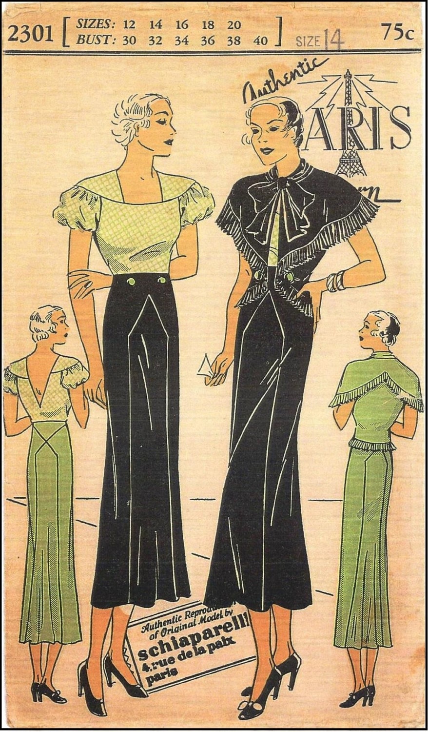 1930s Ladies Schiaparelli Ensemble - Art Deco Fashion - Reproduction 1934 Sewing Pattern #T2301 - 32 Inch Bust