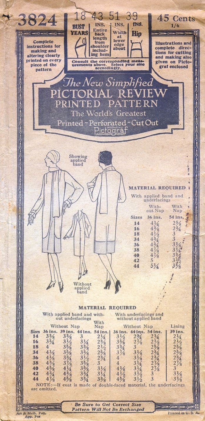 1920s Ladies Coat With Attached Scarf & Optional Band Detail - Reproduction 1927 Sewing Pattern #Z3824 - 36 Inch Bust