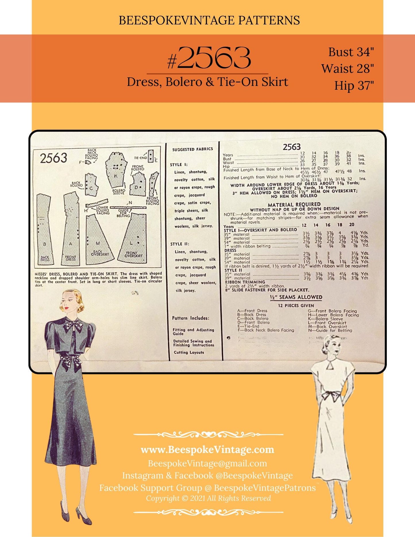 1930s Slimline Dress, Bolero and Tie-On Skirt - Bust 34" - Reproduction Vintage Pattern #2563-34 - PDF - Print At Home