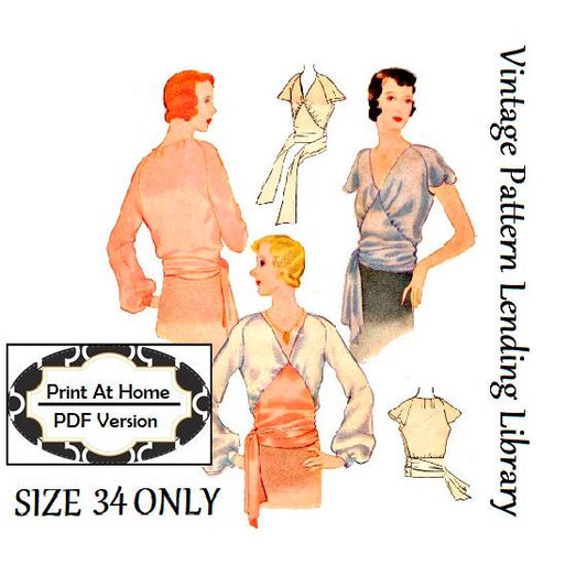 1930s Ladies Blouse With Front Yoke - INSTANT DOWNLOAD - Reproduction 1932 Sewing Pattern #T6834 - Size 34 Inch Bust - PDF - Print At Home