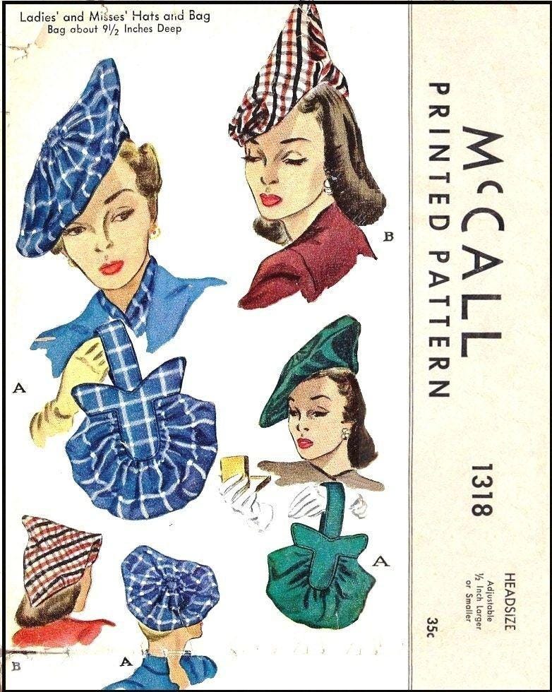 1940s Ladies Hats and Purses - Reproduction 1947 Sewing Pattern #H1318