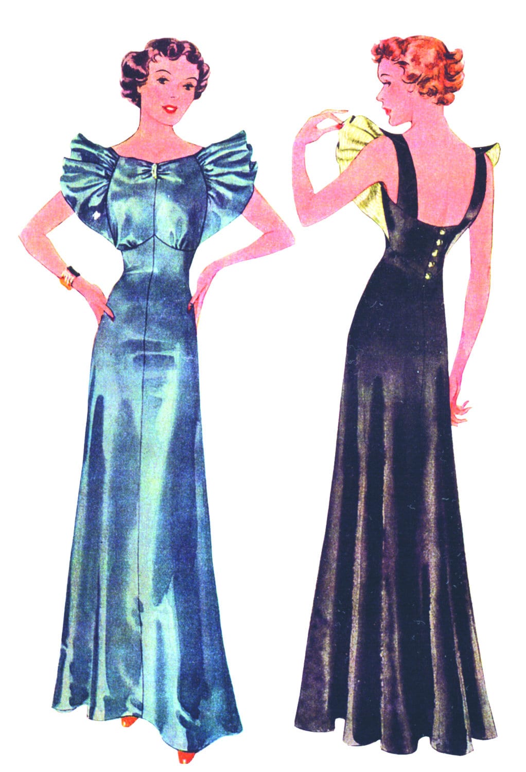 1930s Ladies Evening Gown With Wide Ruffled Trim - Reproduction 1936 Sewing Pattern #T9037 - 38 Inch Bust