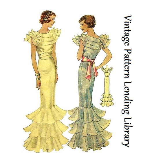 1930s Ladies Evening Gown With Sash - Reproduction 1934 Sewing Pattern #T7754 - 34 Inch Bust