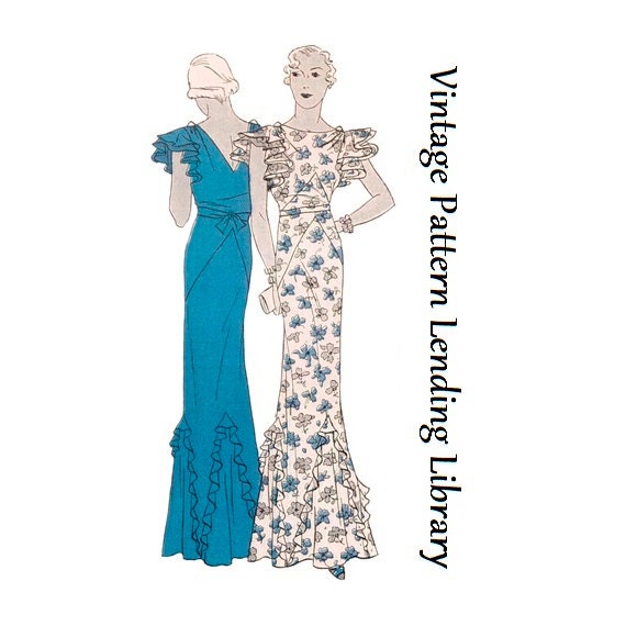 1930s Ladies Evening Gown With Ruffled Godets - Reproduction 1934 Sewing Pattern #T0886 - 32 Inch Bust