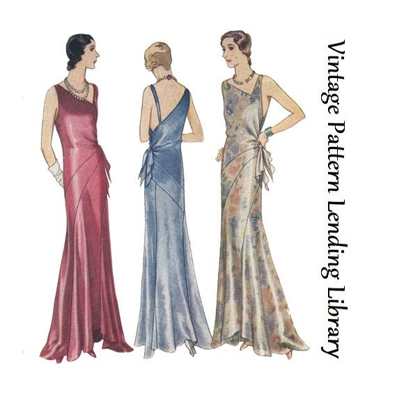 1930 Ladies Evening Gown with Bias Bands - Art Deco (ca. 1929-30) Pattern #T6298 - 42 Inch Bust