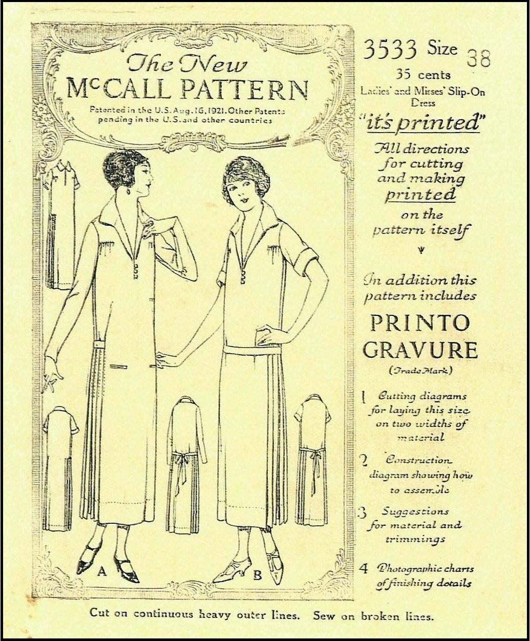 1920s Ladies Dress With Side Pleats - Reproduction 1924 Sewing Pattern #Z3533 - 38 Inch Bust